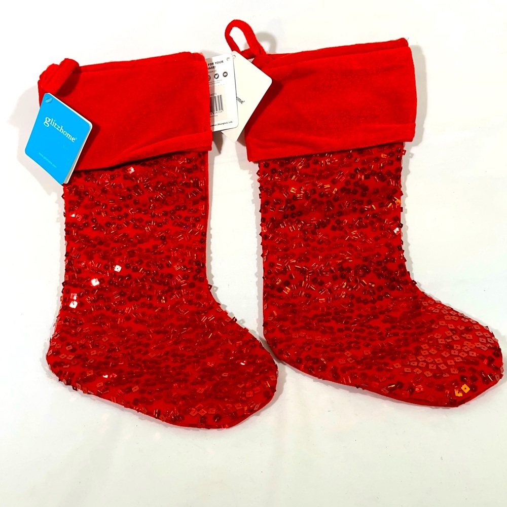 GLITZHOME Square Sequin Set of 2 Christmas Stockings 18”x7” RED‎ NEW